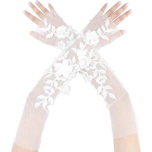 Women's White-21 Floral Pearl Polka Point Bow knot Lace Arm Sleeves Gloves Prom